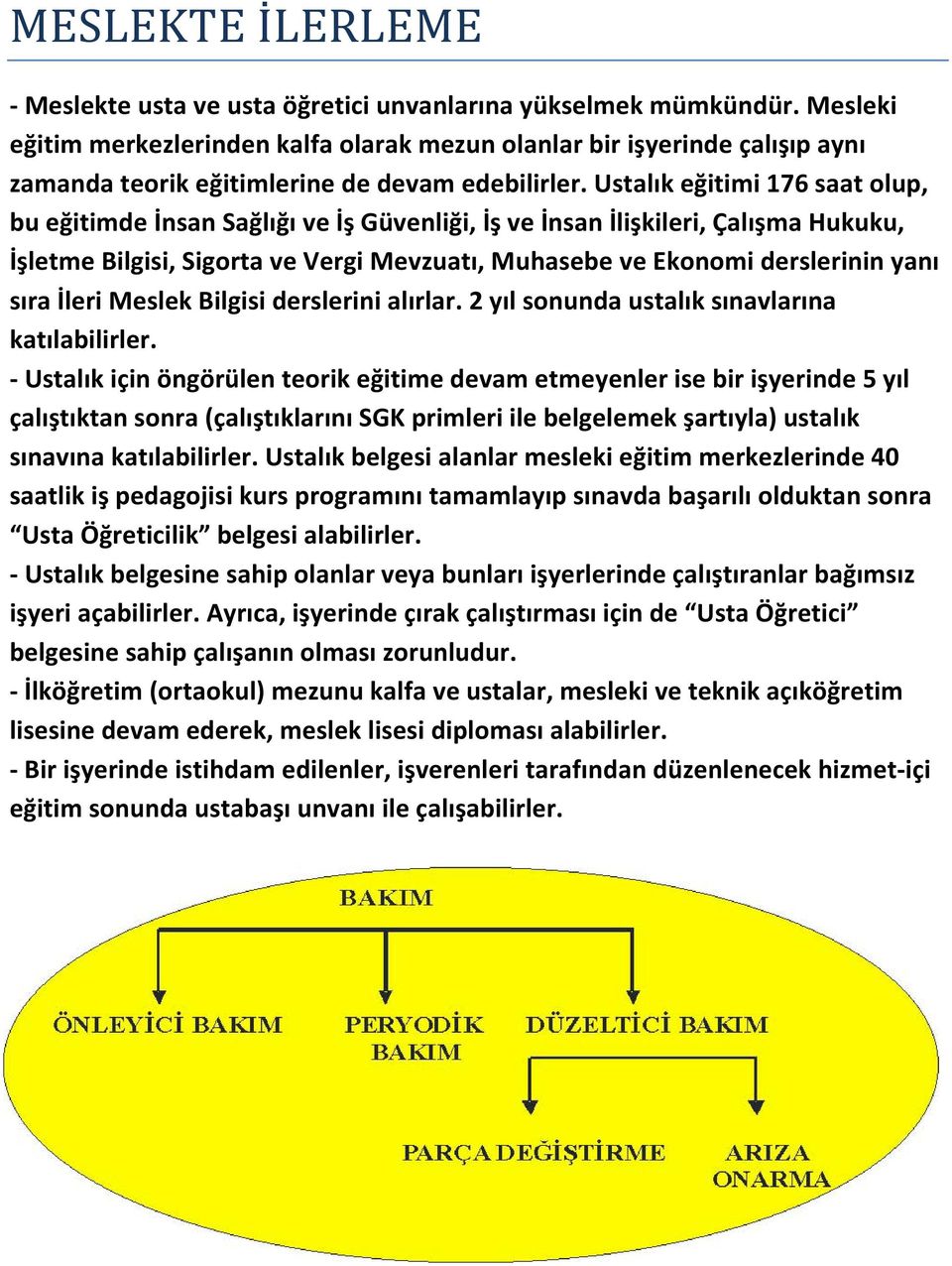 Ustalık eğitimi 176 saat olup, bu eğitimde İnsan Sağlığı ve İş Güvenliği, İş ve İnsan İlişkileri, Çalışma Hukuku, İşletme Bilgisi, Sigorta ve Vergi Mevzuatı, Muhasebe ve Ekonomi derslerinin yanı sıra