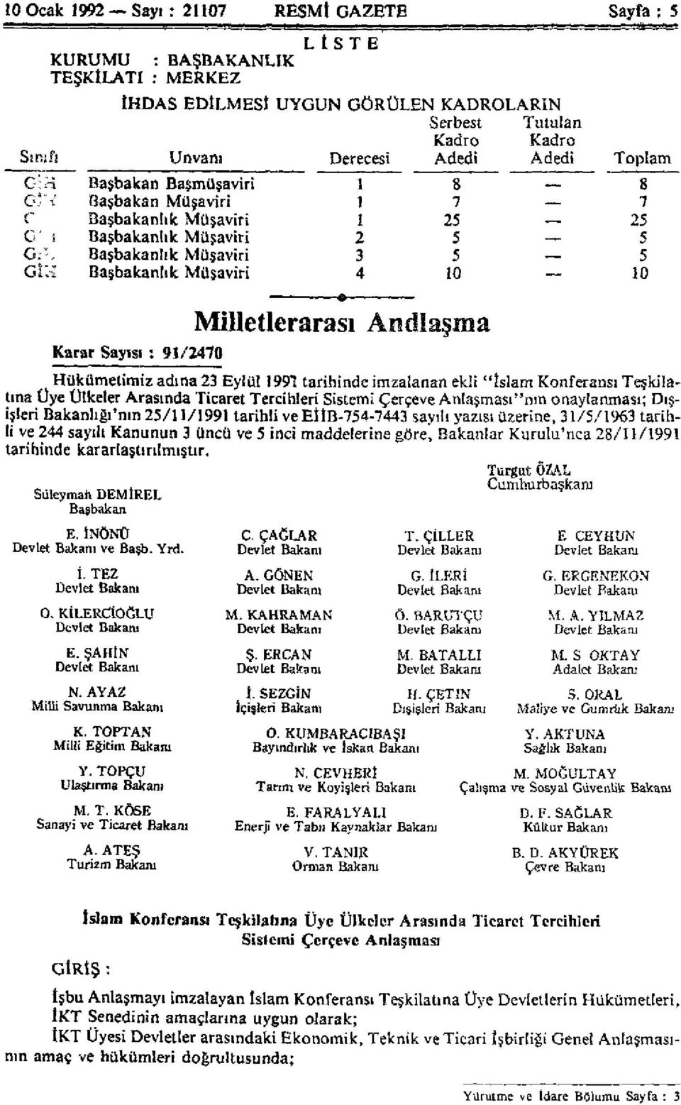 Y Başbakanlık Müşaviri 4 10 10 Karar Sayısı t 9Î/2470 Milletlerarası Andlaşma Hükümetimiz adına 23 Eylül 1991 tarihinde imzalanan ekii "islam Konferansı Teşkilatına Üye Ülkeler Arasında Ticaret