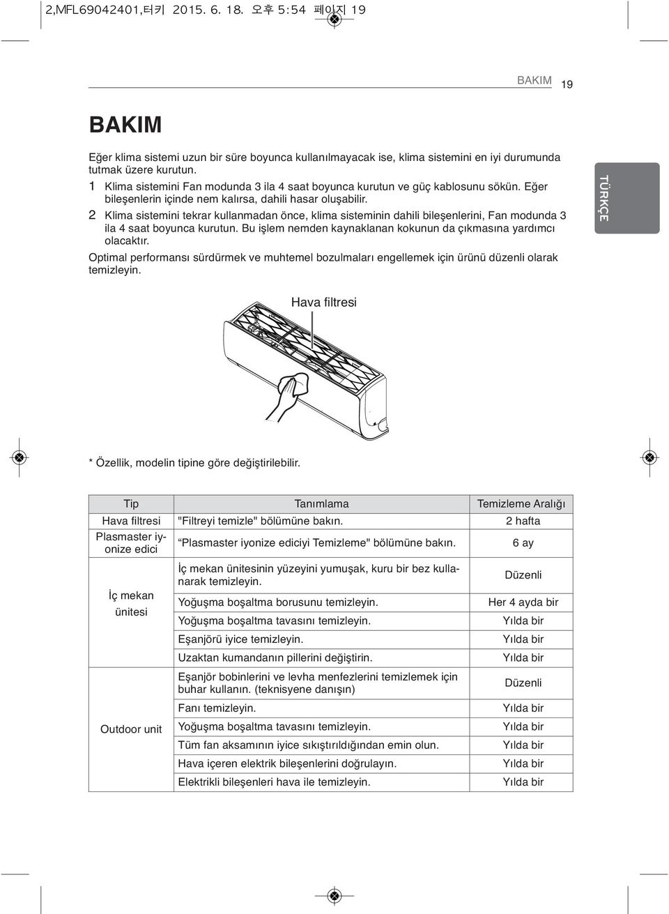 2 Klima sistemini tekrar kullanmadan önce, klima sisteminin dahili bileşenlerini, Fan modunda 3 ila 4 saat boyunca kurutun. Bu işlem nemden kaynaklanan kokunun da çıkmasına yardımcı olacaktır.