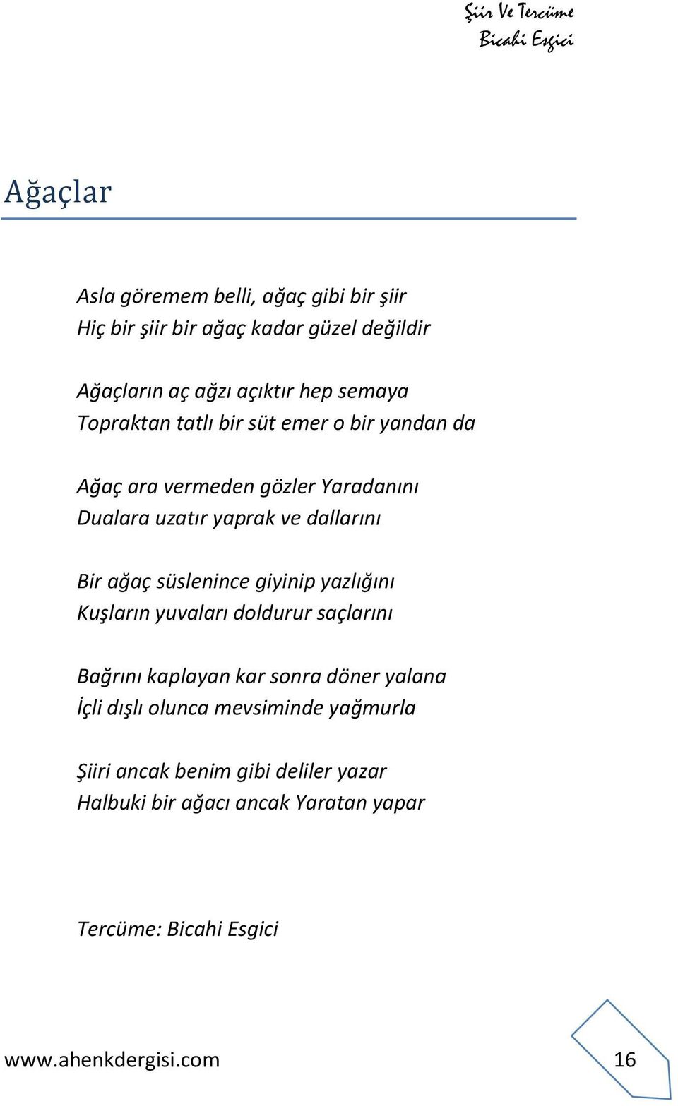 Bir ağaç süslenince giyinip yazlığını Kuşların yuvaları doldurur saçlarını Bağrını kaplayan kar sonra döner yalana İçli dışlı