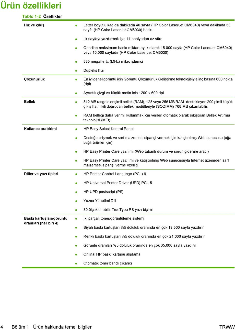 000 sayfadır (HP Color LaserJet CM6030) 835 megahertz (MHz) mikro işlemci Dupleks hızı Çözünürlük En iyi genel görüntü için Görüntü Çözünürlük Geliştirme teknolojisiyle inç başına 600 nokta (dpi)