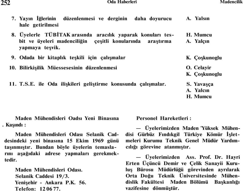 Bilirkişilik Müessesesinin düzenlenmesi 11. T.S.E. ile Oda ilişkileri geliştirme konusunda çalışmalar. A. Yalsın H. Mumcu A. Yalçın K. Çoşkunoglu O. Celayir K. Çoşkunoglu S. Yavaşça A. Yalcın H.