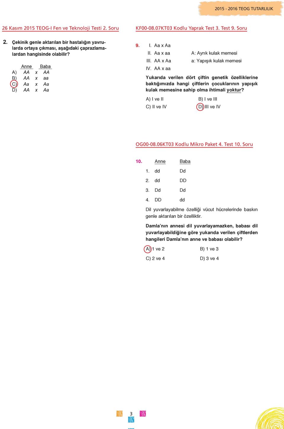 yoktur? A) I ve II B) I ve III C) II ve IV ) III ve IV OG00-08.06T03 odlu Mikro Paket 4. Test 10. Soru 10. Anne Baba 1. dd d 2. dd 3. d d 4.