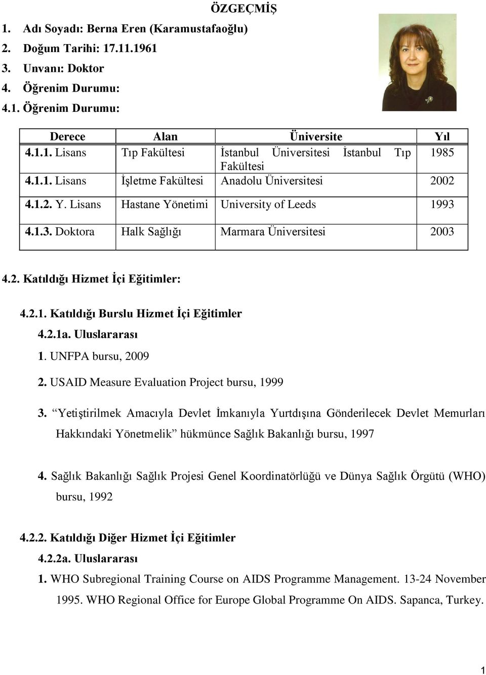 2.1. Katıldığı Burslu Hizmet İçi Eğitimler 4.2.1a. Uluslararası 1. UNFPA bursu, 2009 2. USAID Measure Evaluation Project bursu, 1999 3.