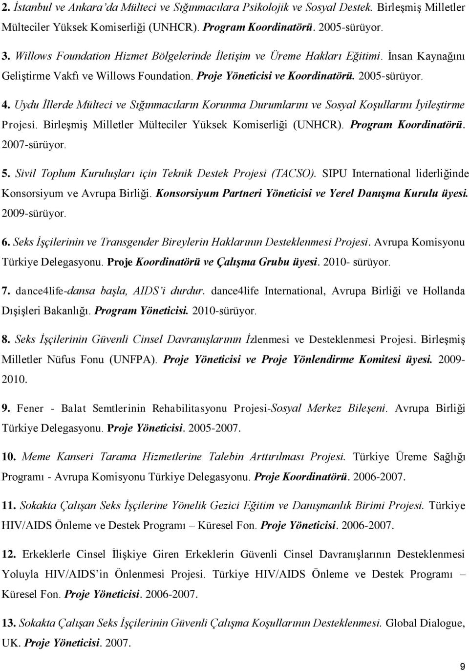 Uydu İllerde Mülteci ve Sığınmacıların Korunma Durumlarını ve Sosyal Koşullarını İyileştirme Projesi. Birleşmiş Milletler Mülteciler Yüksek Komiserliği (UNHCR). Program Koordinatörü. 2007-sürüyor. 5.