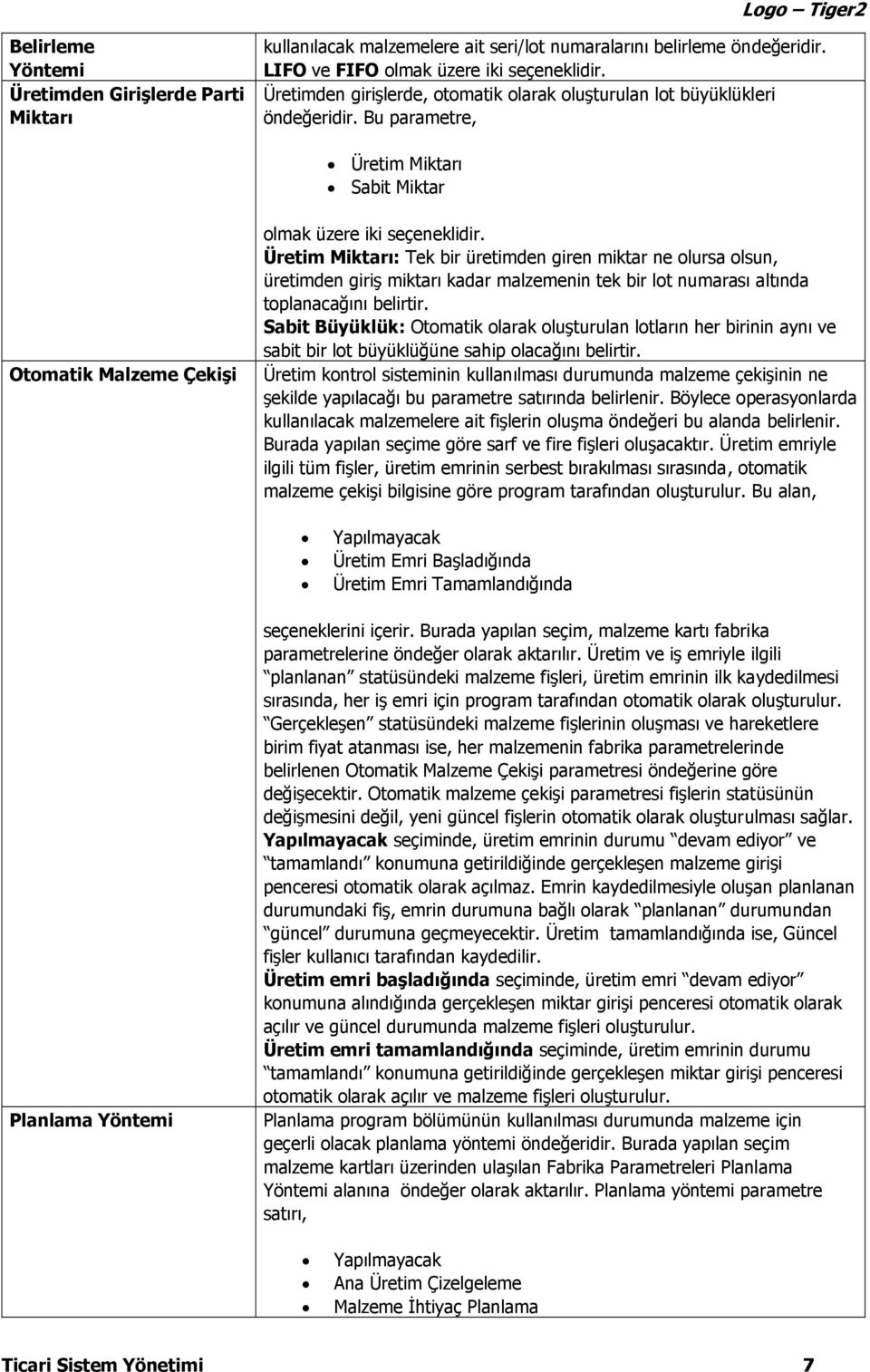 Üretim Miktarı: Tek bir üretimden giren miktar ne olursa olsun, üretimden giriş miktarı kadar malzemenin tek bir lot numarası altında toplanacağını belirtir.