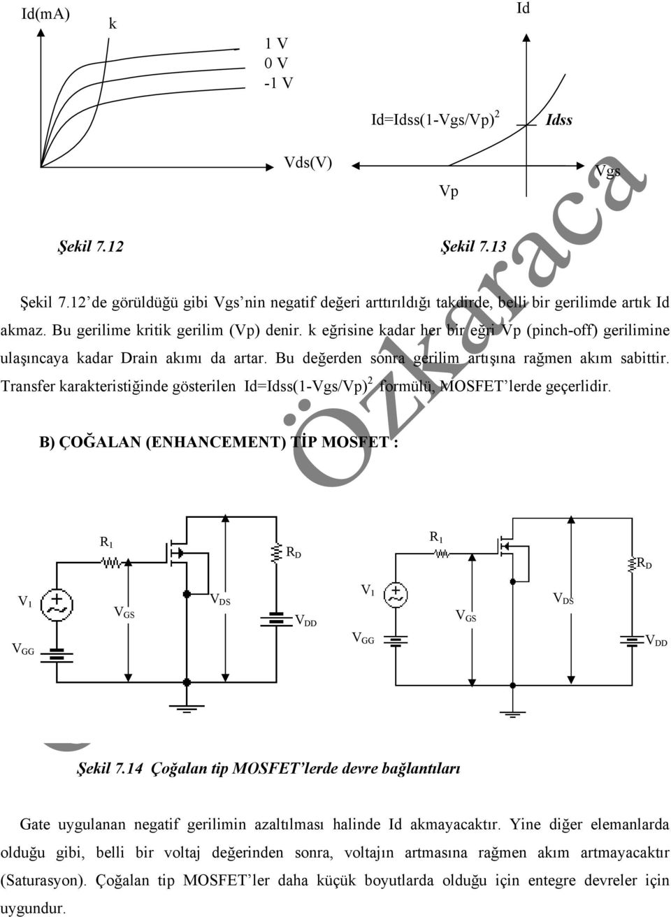 Transfer karakteristiğinde gösterilen Id=Idss(1-Vgs/Vp) 2 formülü, MOSFET lerde geçerlidir.