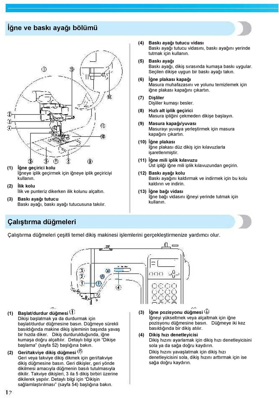 (8) Hızlı alt iplik geçirici Masura ipliğini çekmeden dikişe başlayın. (9) Masura kapağı/yuvası Masurayı yuvaya yerleştirmek için masura kapağını çıkartın.