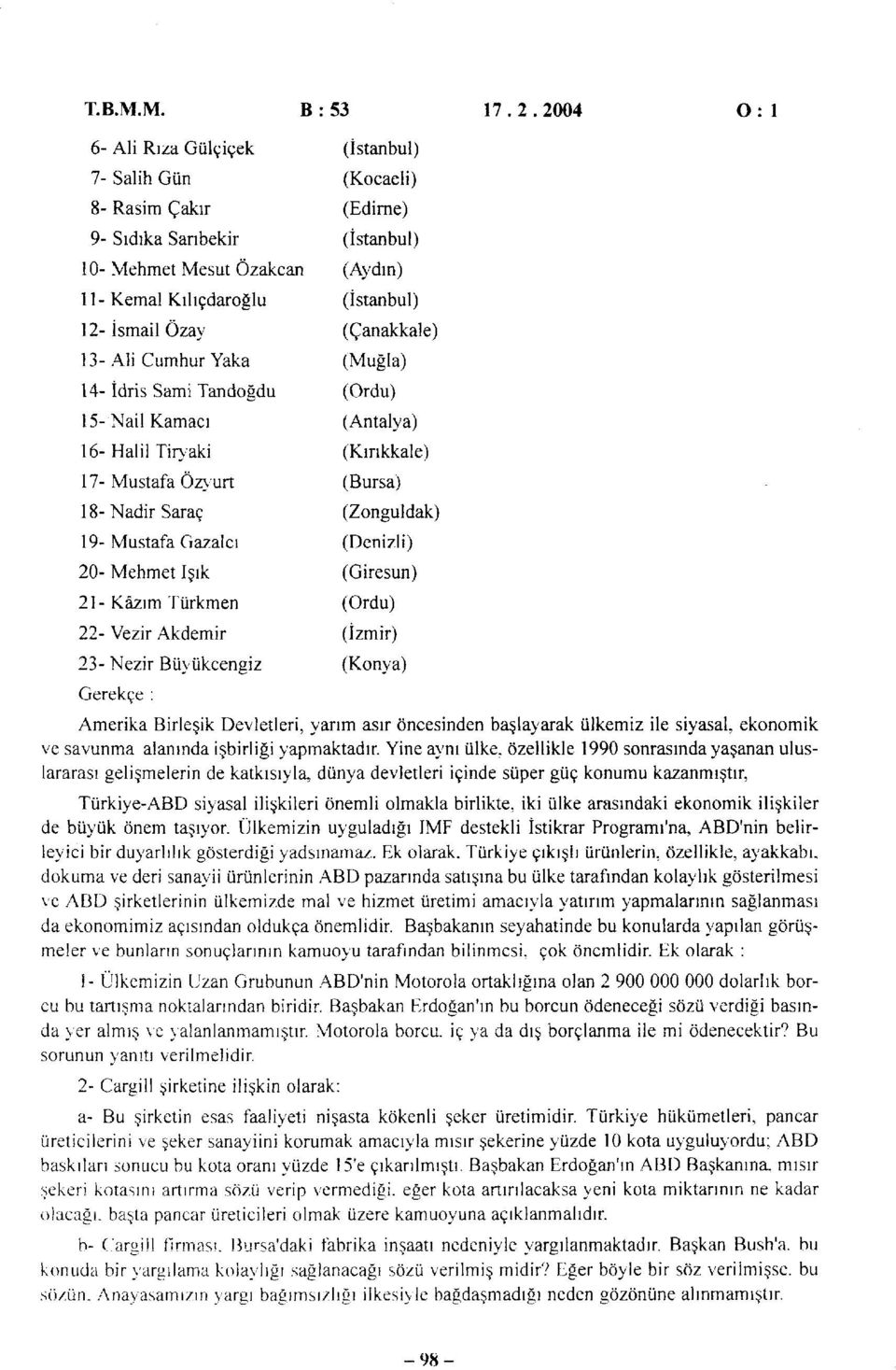 Özay (Çanakkale) 13- Ali Cumhur Yaka (Muğla) 14- İdris Sami Tandoğdu (Ordu) 15- Nail Kamacı (Antalya) 16- Halil Tiryaki (Kırıkkale) 17-Mustafa Özyurt 18-Nadir Saraç 19-Mustafa Gazalcı (Bursa)