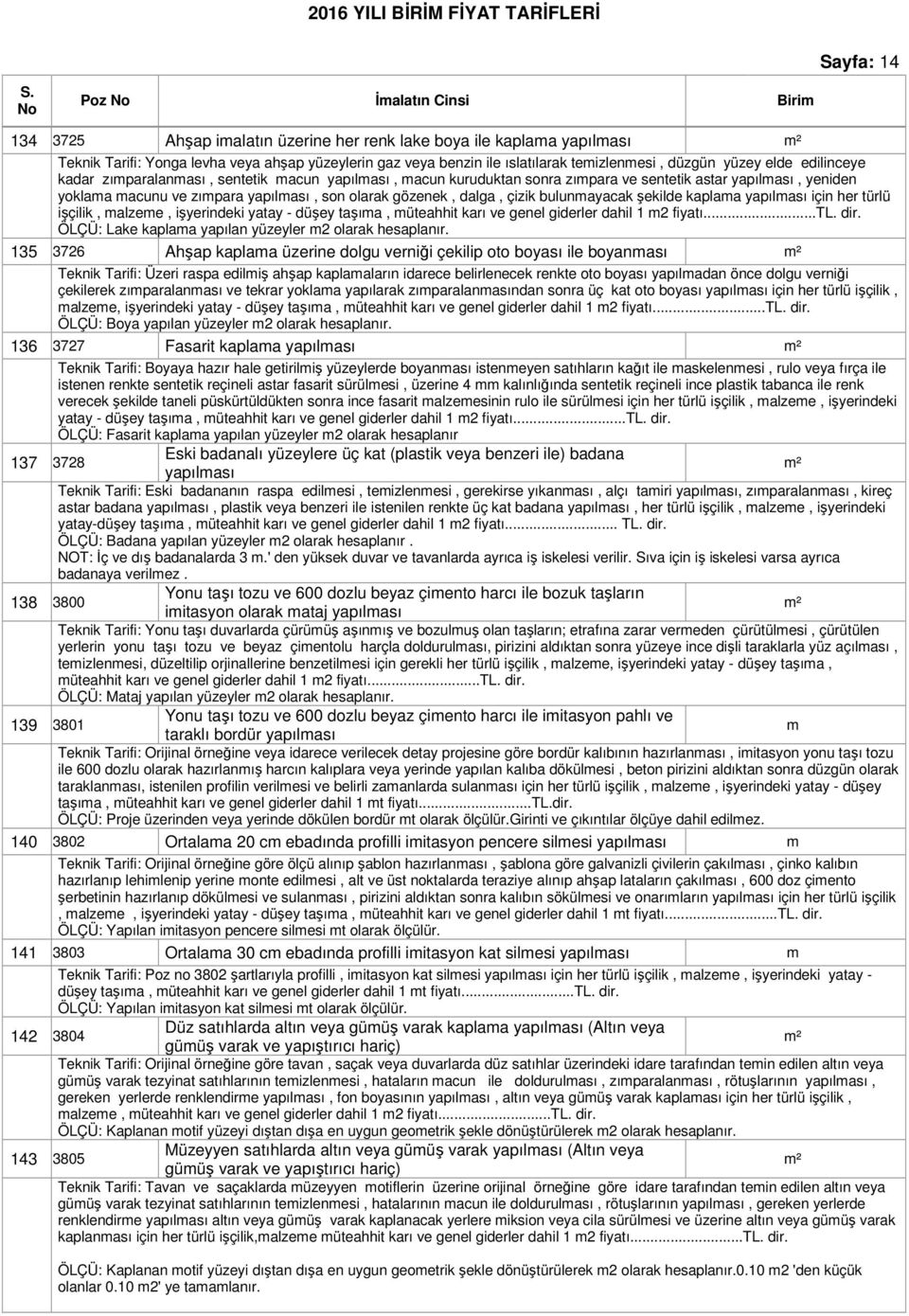 çizik bulunayacak şekilde kaplaa yapılası için her türlü işçilik, alzee, işyerindeki yatay - düşey taşıa, üteahhit karı ve genel giderler dahil 1 2 ÖLÇÜ: Lake kaplaa yapılan yüzeyler 2 olarak