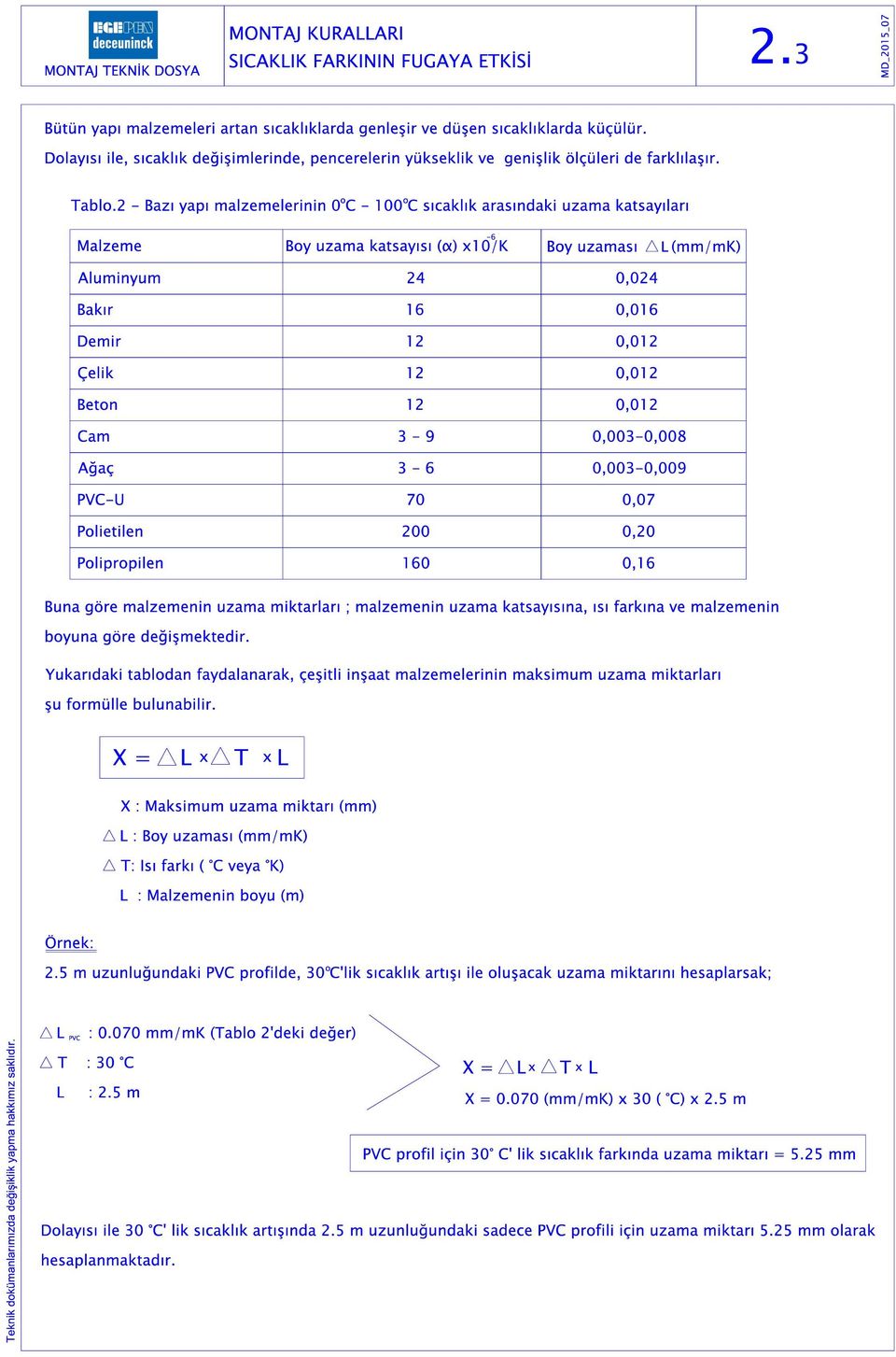 2 - Bazı yapı malzemelerinin 0 C - 100 C sıcaklık arasındaki uzama katsayıları o Malzeme Boy uzama katsayısı (α) x10/k -6 Boy uzaması L (mm/mk) Aluminyum 24 0,024 Bakır Demir Çelik Beton Cam Ağaç