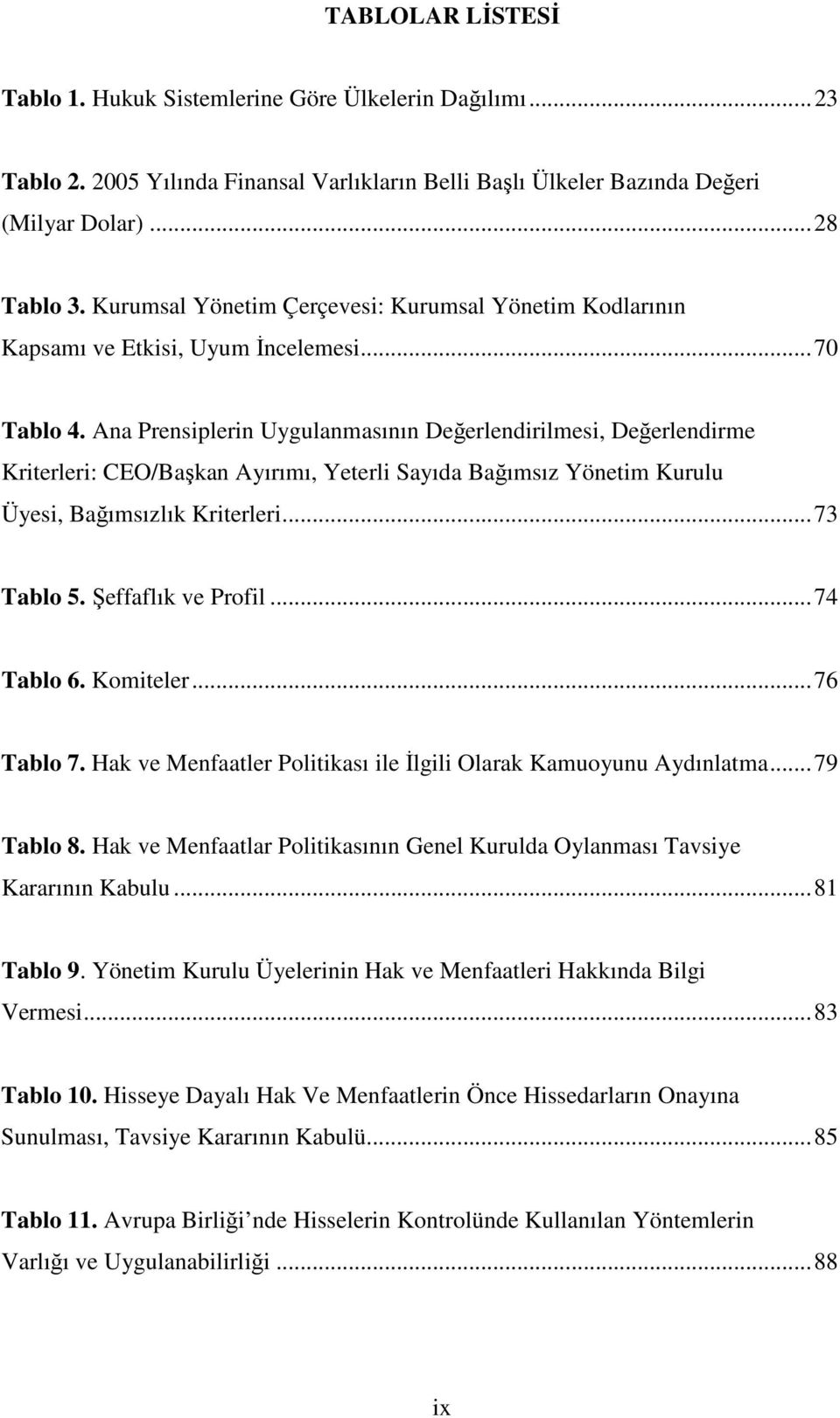 Ana Prensiplerin Uygulanmasının Değerlendirilmesi, Değerlendirme Kriterleri: CEO/Başkan Ayırımı, Yeterli Sayıda Bağımsız Yönetim Kurulu Üyesi, Bağımsızlık Kriterleri... 73 Tablo 5.