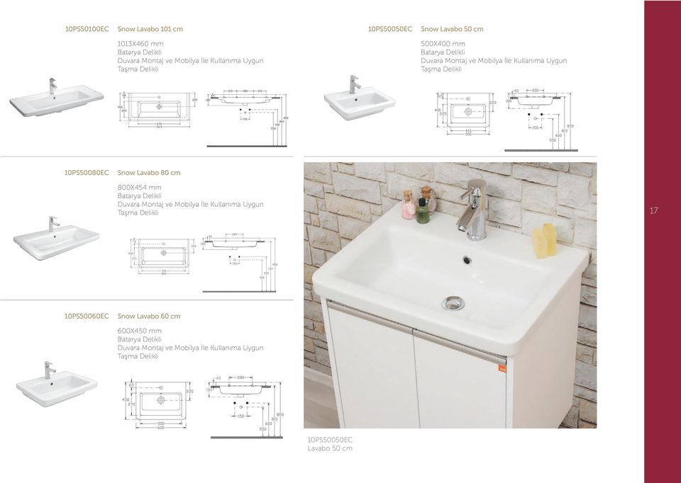 10PS50080EC Snow Lavabo 80 cm 800X454 mm Batarya Delikli Duvara Montaj ve Mobilya İle Kullanıma Uygun Taşma Delikli 17