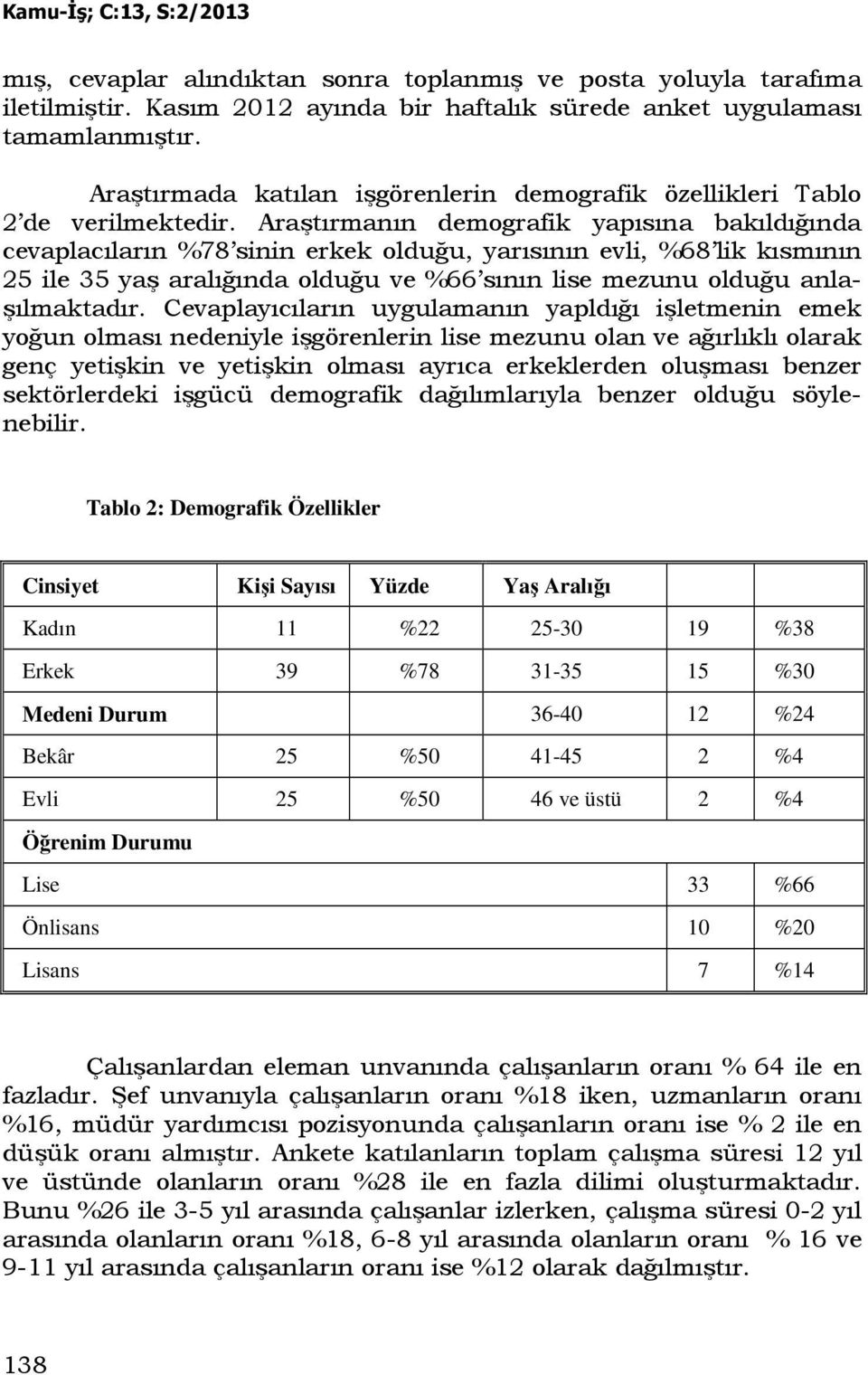 Araştırmanın demografik yapısına bakıldığında cevaplacıların %78 sinin erkek olduğu, yarısının evli, %68 lik kısmının 25 ile 35 yaş aralığında olduğu ve %66 sının lise mezunu olduğu anlaşılmaktadır.