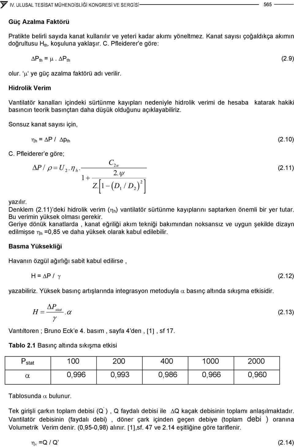 Hdrolk Verm Vantlatör kanalları çndek sürtünme kayıpları nedenyle hdrolk verm de hesaba katarak hakk basıncın teork basınçtan daha düşük olduğunu açıklayablrz.