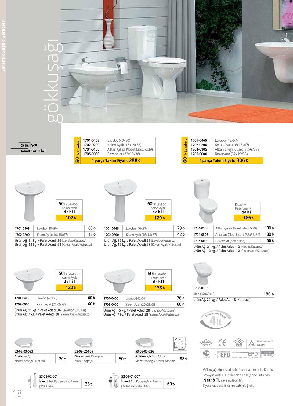 + Kolon Ayak 102 60 lik Lavabo + Kolon Ayak 120 186 1701-0405 Lavabo (40x50) 60 1702-0200 Kolon Ayak (16x18x67) 42 Ürün Ağ. 11 kg. / Palet Adedi 36 (Lavabo/Kutusuz) Ürün Ağ. 12 kg.