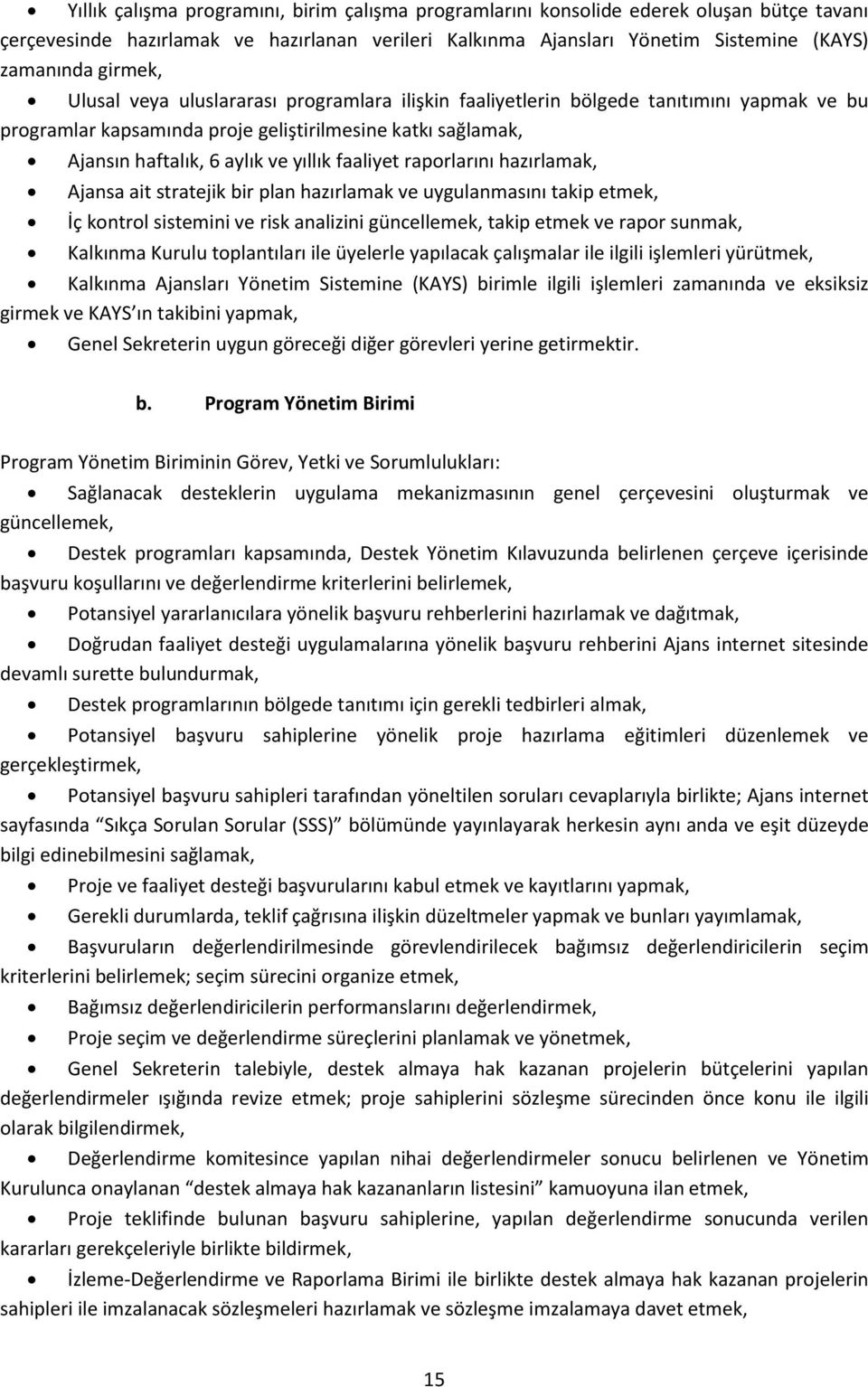 faaliyet raporlarını hazırlamak, Ajansa ait stratejik bir plan hazırlamak ve uygulanmasını takip etmek, İç kontrol sistemini ve risk analizini güncellemek, takip etmek ve rapor sunmak, Kalkınma