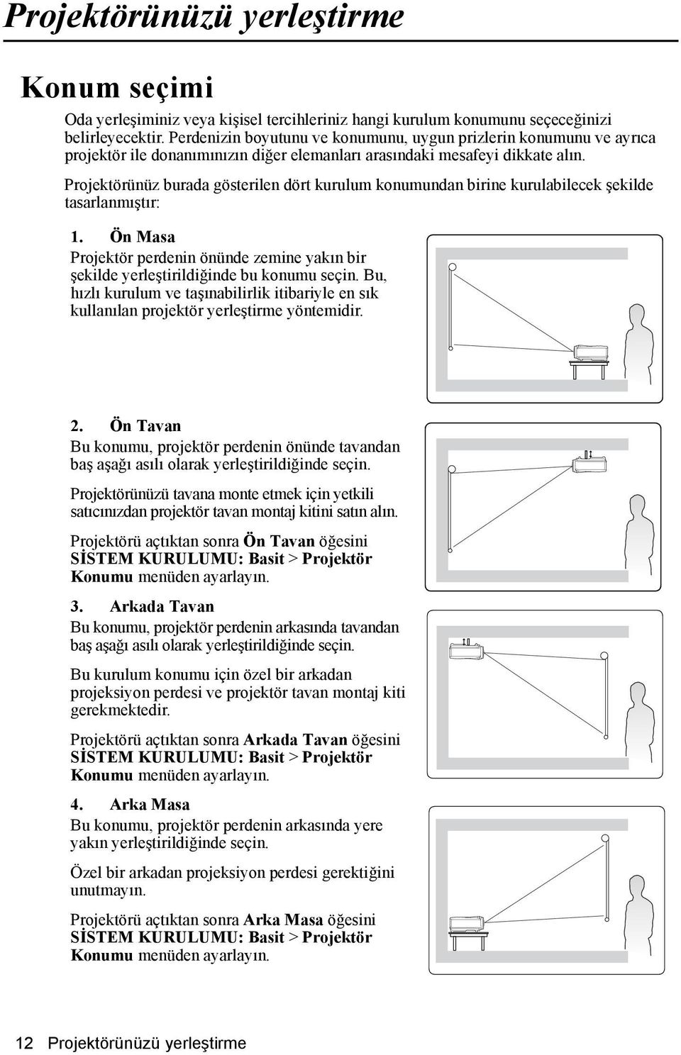 Projektörünüz burada gösterilen dört kurulum konumundan birine kurulabilecek şekilde tasarlanmıştır: 1. Ön Masa Projektör perdenin önünde zemine yakın bir şekilde yerleştirildiğinde bu konumu seçin.