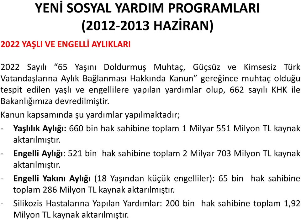 Kanun kapsamında şu yardımlar yapılmaktadır; - Yaşlılık Aylığı: 660 bin hak sahibine toplam 1 Milyar 551 Milyon TL kaynak aktarılmıştır.