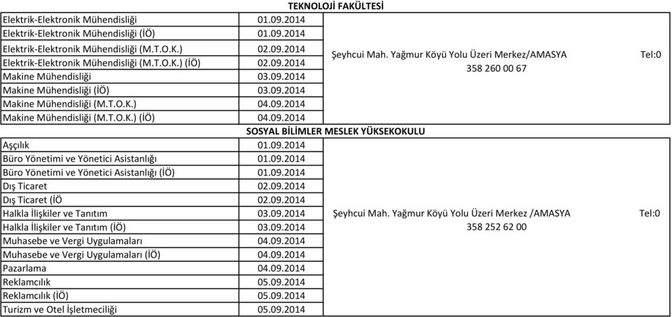 T.O.K.) 04.09.2014 Makine Mühendisliği (M.T.O.K.) (İÖ) 04.09.2014 SOSYAL BİLİMLER MESLEK YÜKSEKOKULU Aşçılık 01.09.2014 Büro Yönetimi ve Yönetici Asistanlığı 01.09.2014 Büro Yönetimi ve Yönetici Asistanlığı (İÖ) 01.