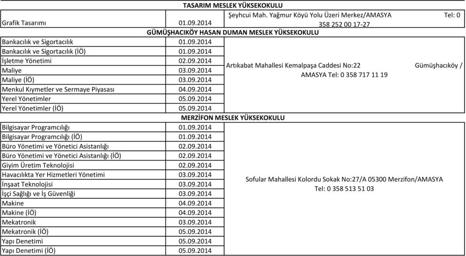 09.2014 AMASYA Tel: 0 358 717 11 19 Maliye (İÖ) 03.09.2014 Menkul Kıymetler ve Sermaye Piyasası 04.09.2014 Yerel Yönetimler 05.09.2014 Yerel Yönetimler (İÖ) 05.09.2014 MERZİFON MESLEK YÜKSEKOKULU Bilgisayar Programcılığı 01.