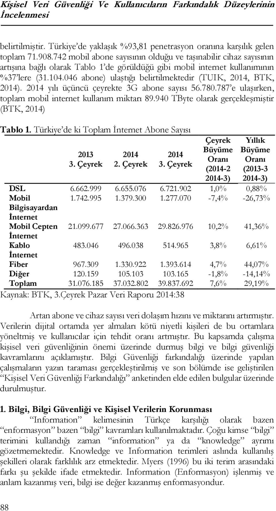 046 abone) ulaştığı belirtilmektedir (TUIK, 2014, BTK, 2014). 2014 yılı üçüncü çeyrekte 3G abone sayısı 56.780.787 e ulaşırken, toplam mobil internet kullanım miktarı 89.