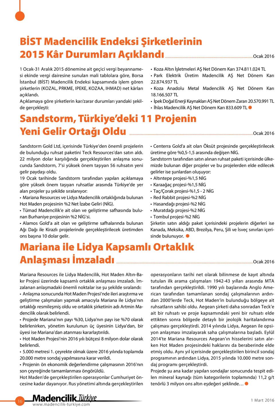 Açıklamaya göre şirketlerin kar/zarar durumları yandaki şekilde gerçekleşti: Sandstorm, Türkiye deki 11 Projenin Yeni Gelir Ortağı Oldu Sandstorm Gold Ltd, içerisinde Türkiye den önemli projelerin de