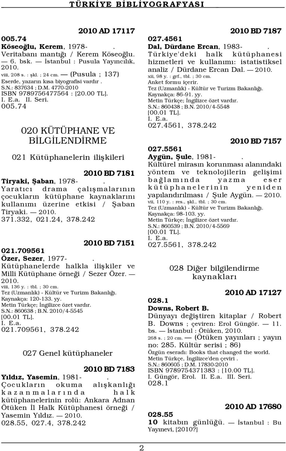 74 020 K T PHANE VE BÜLGÜLENDÜRME 021 KŸtŸphanelerin ilißkileri 2010 BD 7181 Tiryaki, Þaban, 1978-.