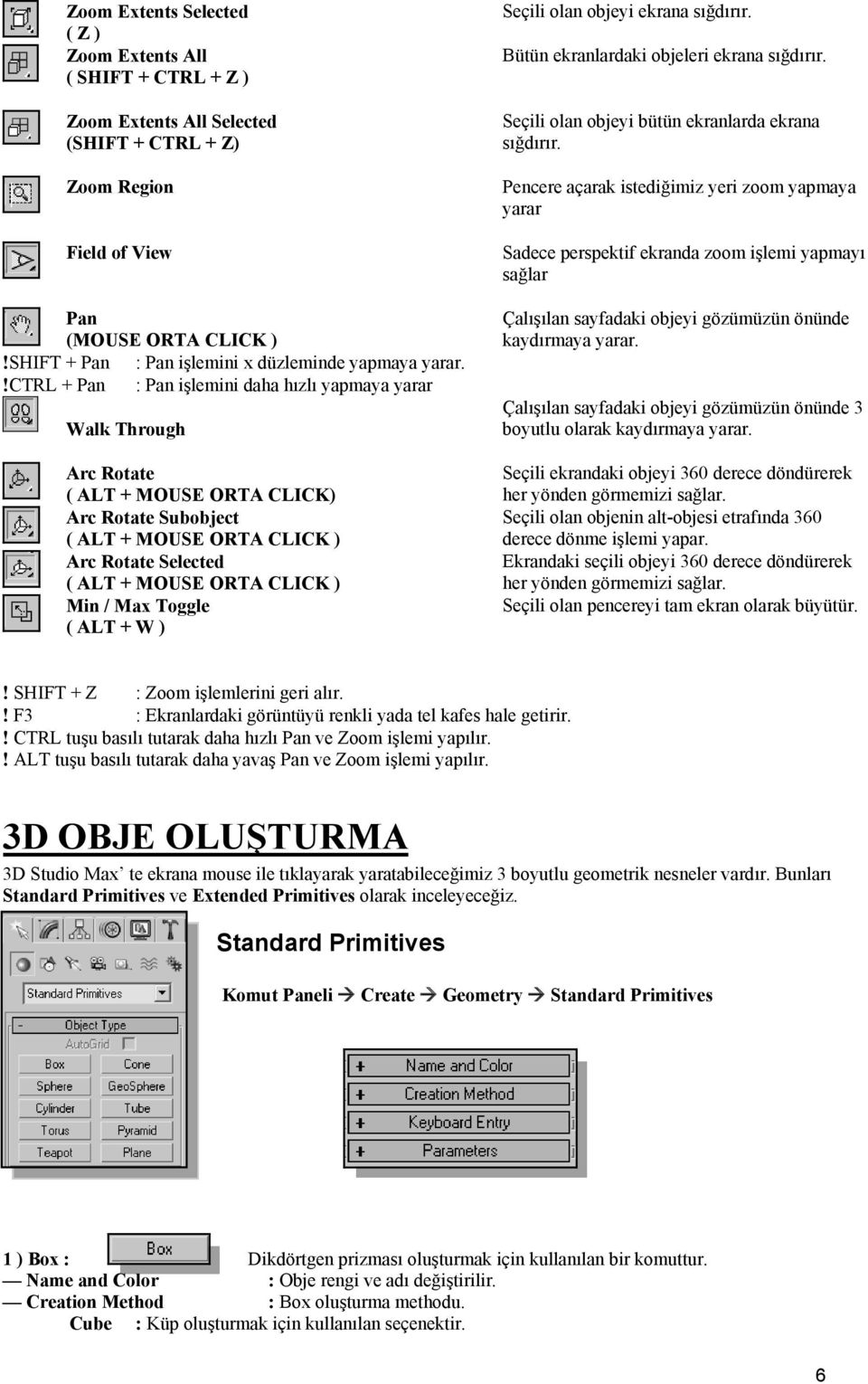 !ctrl + Pan : Pan işlemini daha hızlı yapmaya yarar Walk Through Arc Rotate ( ALT + MOUSE ORTA CLICK) Arc Rotate Subobject ( ALT + MOUSE ORTA CLICK ) Arc Rotate Selected ( ALT + MOUSE ORTA CLICK )