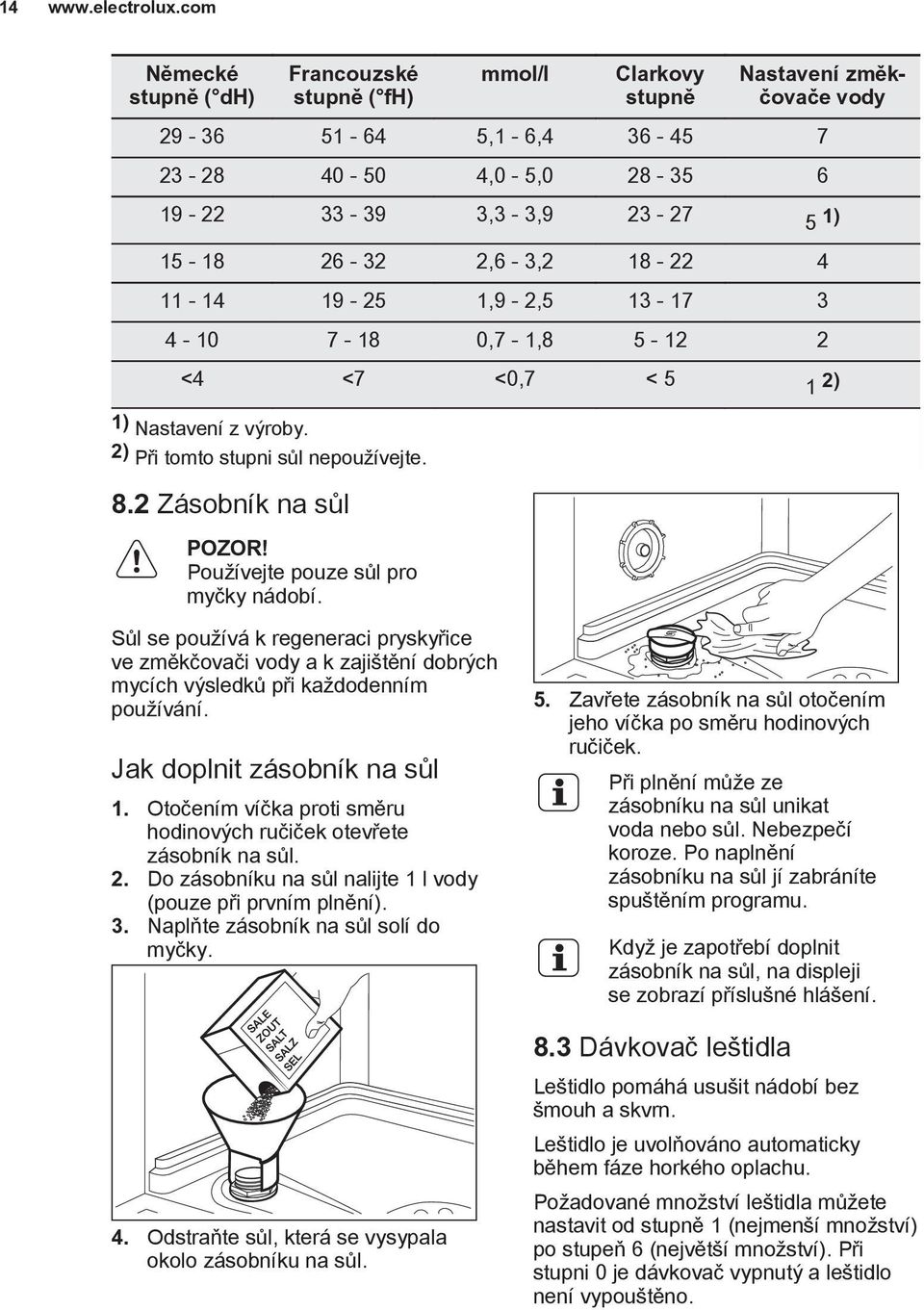 Používejte pouze sůl pro myčky nádobí. Sůl se používá k regeneraci pryskyřice ve změkčovači vody a k zajištění dobrých mycích výsledků při každodenním používání. Jak doplnit zásobník na sůl 1.