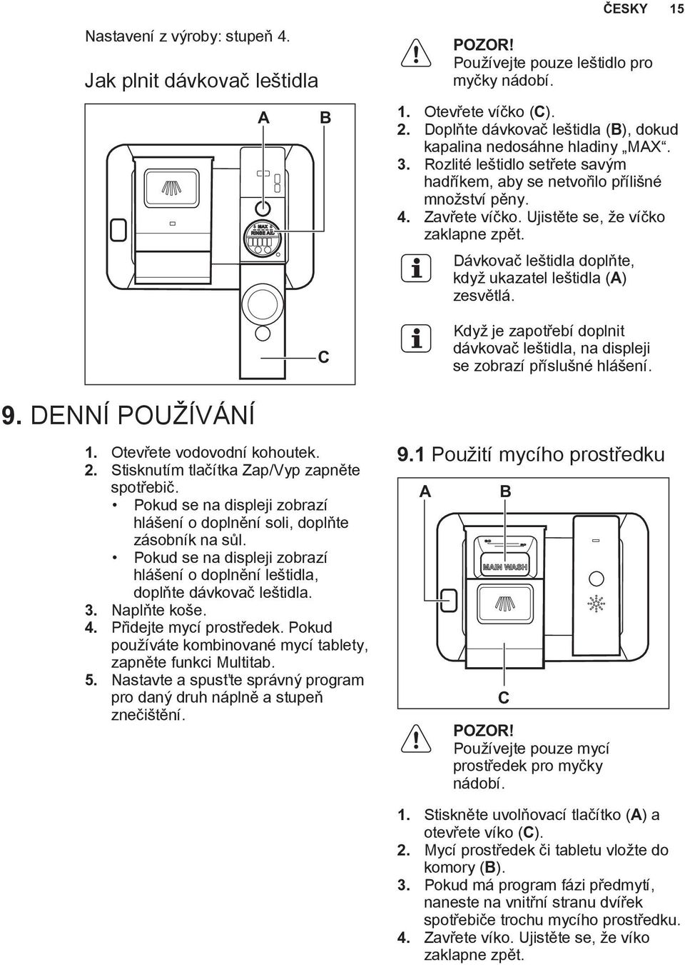 Přidejte mycí prostředek. Pokud používáte kombinované mycí tablety, zapněte funkci Multitab. 5. Nastavte a spusťte správný program pro daný druh náplně a stupeň znečištění. A B C POZOR!