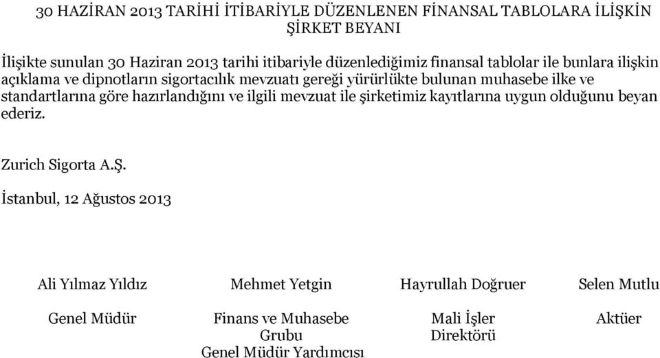 standartlarına göre hazırlandığını ve ilgili mevzuat ile şirketimiz kayıtlarına uygun olduğunu beyan ederiz. Zurich Sigorta A.Ş.