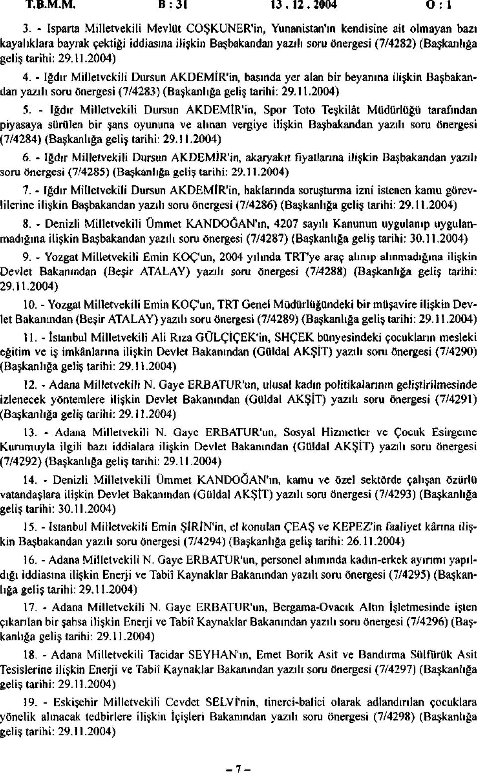 11.2004) 4. - İğdır Milletvekili Dursun AKDEMİR'in, basında yer alan bir beyanına ilişkin Başbakandan yazılı soru önergesi (7/4283) (Başkanlığa geliş tarihi: 29.11.2004) 5.