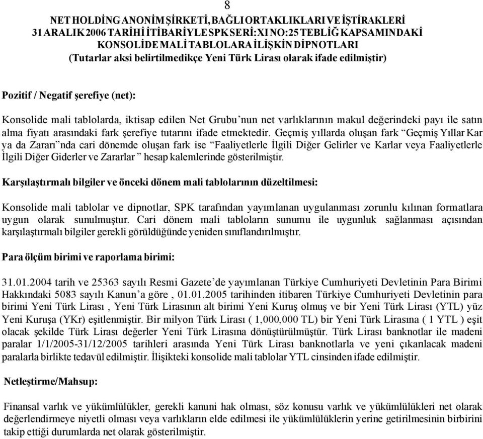 Geçmiş yıllarda oluşan fark Geçmiş Yıllar Kar ya da Zararı nda cari dönemde oluşan fark ise Faaliyetlerle İlgili Diğer Gelirler ve Karlar veya Faaliyetlerle İlgili Diğer Giderler ve Zararlar hesap