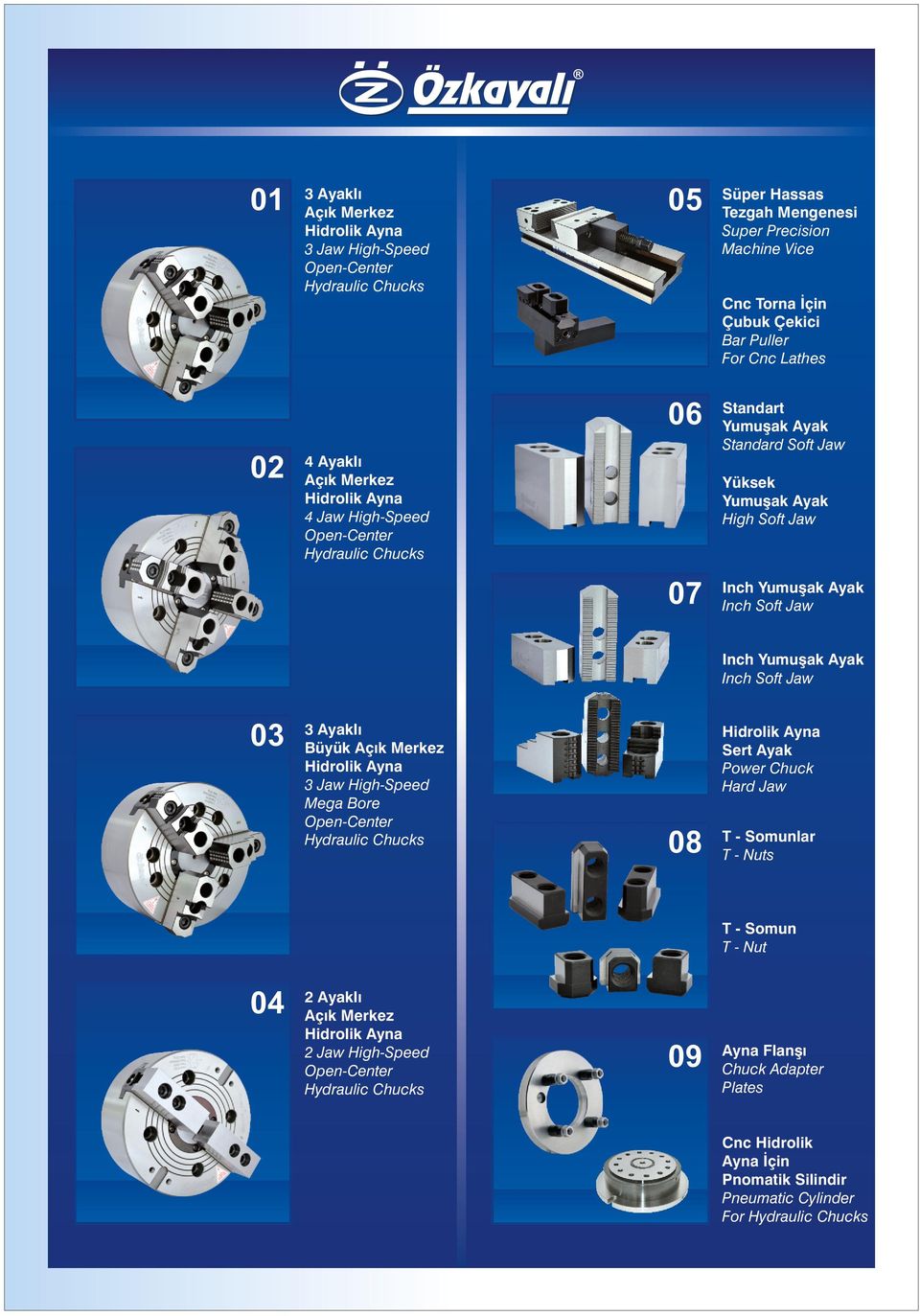 Yumuşak Ayak Inch Soft Jaw 0 Ayaklı Büyük Açık Merkez Hirolik Ayna Jaw High-Spee Mega Bore Open-Center Hyraulic Chucks Hirolik Ayna Sert Ayak Power Chuck Har Jaw 0 T - Somunlar T - Nuts T -