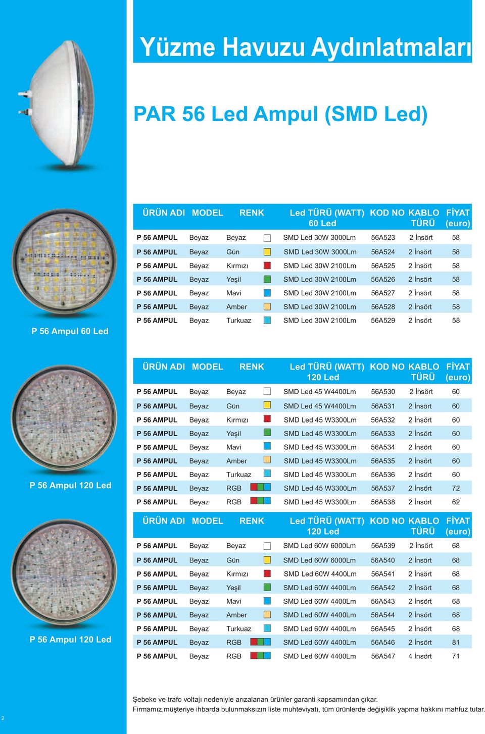 30W 2100Lm 56A528 2 İnsört 58 P 56 Ampul P 56 AMPUL Beyaz Turkuaz SMD Led 30W 2100Lm 56A529 2 İnsört 58 ÜRÜN ADI MODEL RENK Led (WATT) P 56 AMPUL Beyaz Beyaz SMD Led 45 W4400Lm 56A530 2 İnsört 60 P