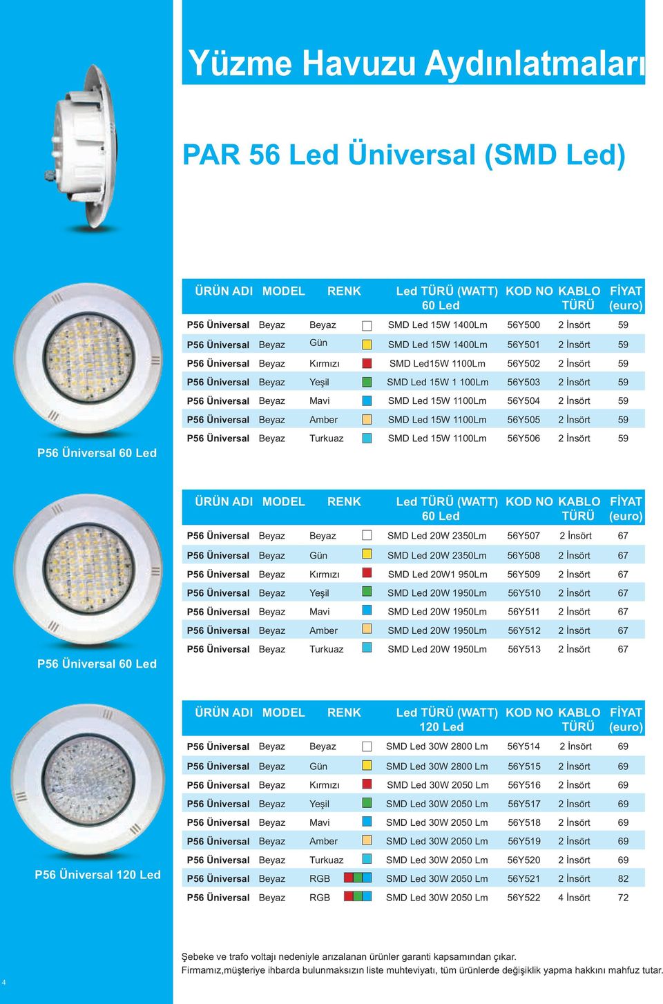 Üniversal Beyaz Amber SMD Led 15W 1100Lm 56Y505 2 İnsört 59 P56 Üniversal P56 Üniversal Beyaz Turkuaz SMD Led 15W 1100Lm 56Y506 2 İnsört 59 ÜRÜN ADI MODEL RENK Led (WATT) P56 Üniversal Beyaz Beyaz