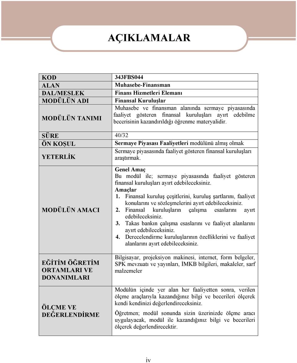 SÜRE 40/32 ÖN KOŞUL Sermaye Piyasası Faaliyetleri modülünü almış olmak Sermaye piyasasında faaliyet gösteren finansal kuruluşları YETERLİK araştırmak.