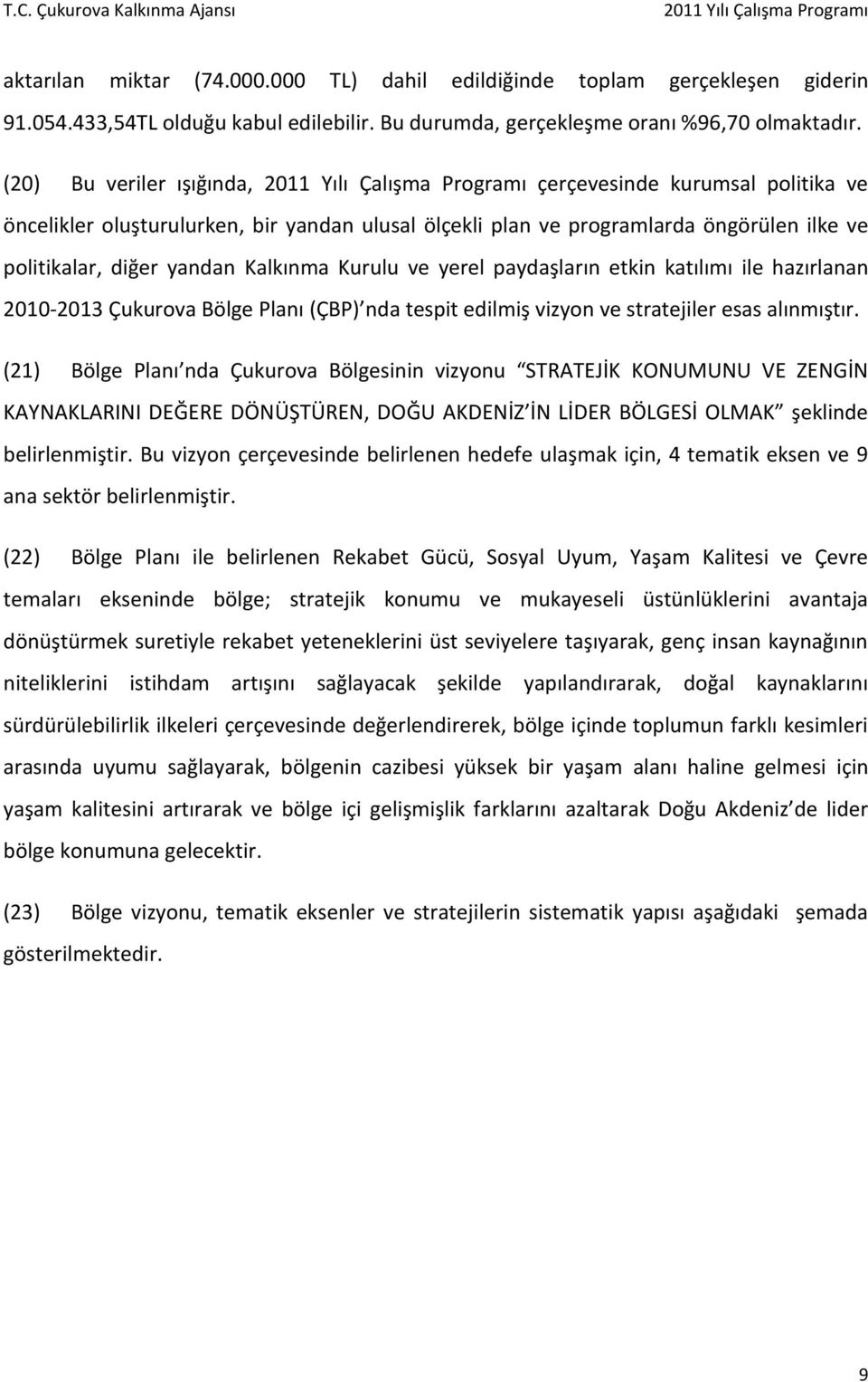 yerel paydaşların etkin katılımı ile hazırlanan 2010-2013 Çukurova Bölge Planı (ÇBP) nda tespit edilmiş vizyon ve stratejiler esas alınmıştır.