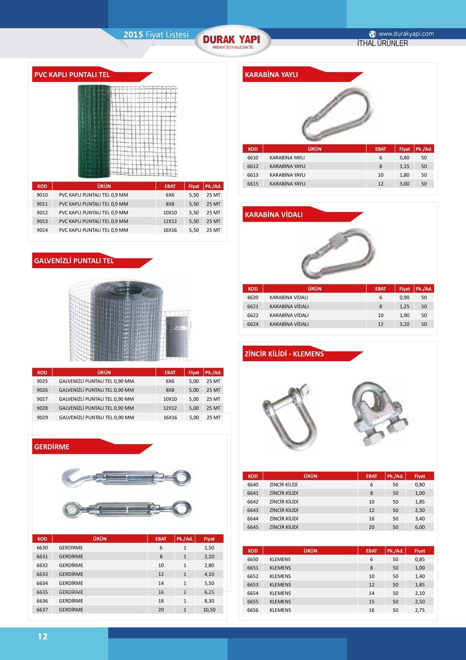 9014 PVC KAPLI PUNTALI TEL 0,9 MM 16X16 5,50 25 MT KOD ÜRÜN EBAT Fiyat Pk./Ad.