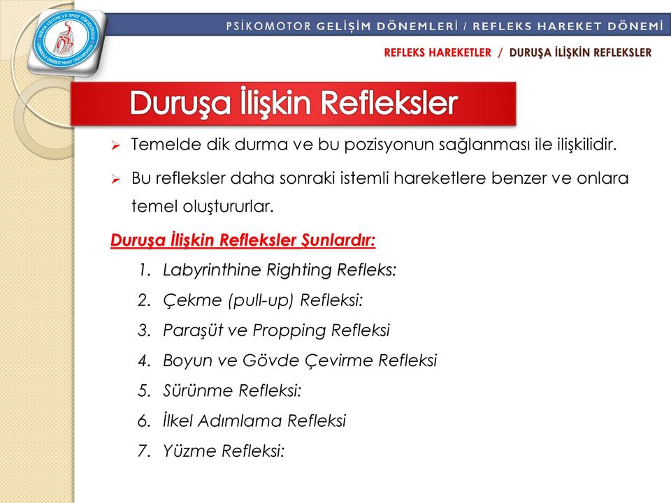 Duruşa İlişkin Refleksler Şunlardır: 1. Labyrinthine Righting Refleks: 2. Çekme (pull-up) Refleksi: 3.