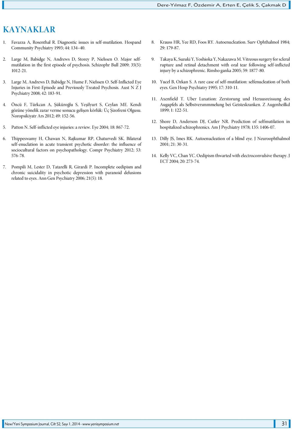 Self-Inflicted Eye Injuries in First-Episode and Previously Treated Psychosis. Aust N Z J Psychiatry 2008; 42: 183-91. 4. Öncü F, Türkcan A, Şüküroğlu S, Yeşilyurt S, Ceylan ME.