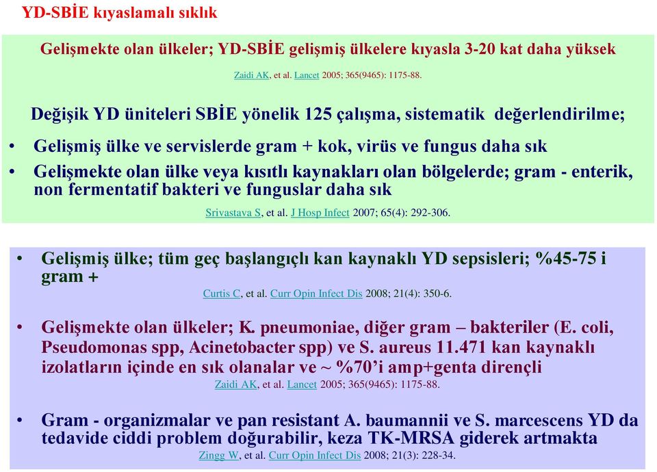 bölgelerde; gram - enterik, non fermentatif bakteri ve funguslar daha sık Srivastava S, et al. J Hosp Infect 2007; 65(4): 292-306.