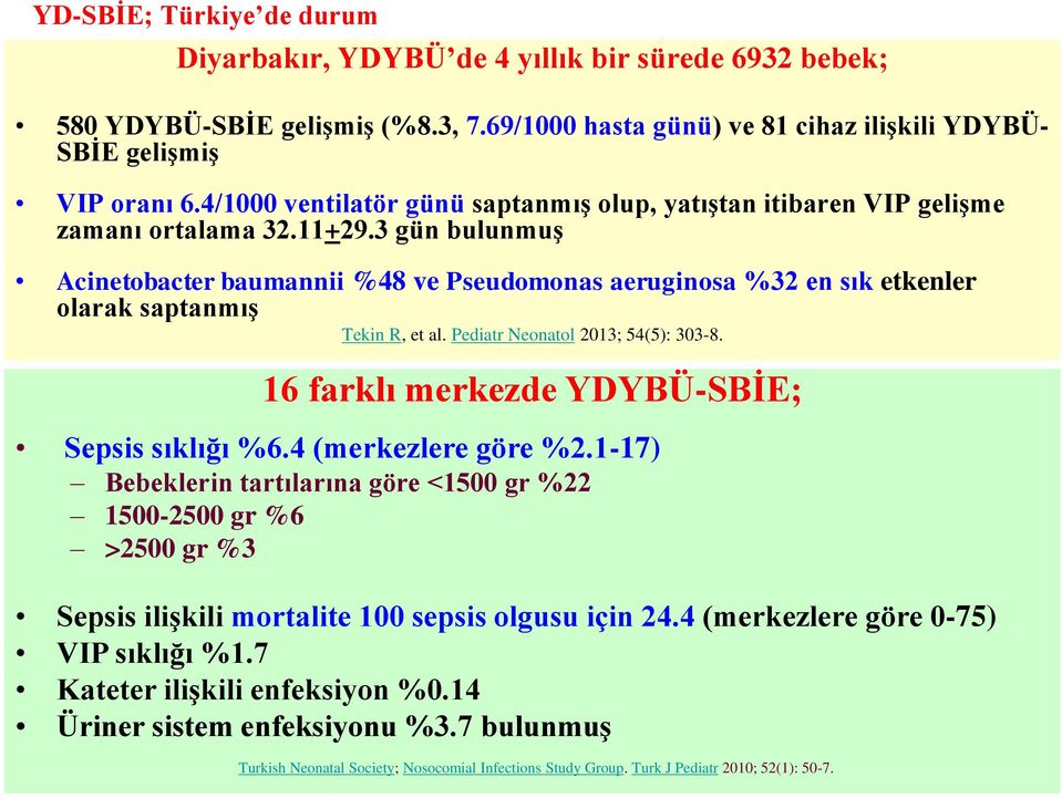 3 gün bulunmuş Acinetobacter baumannii %48 ve Pseudomonas aeruginosa %32 en sık etkenler olarak saptanmış Tekin R, et al. Pediatr Neonatol 2013; 54(5): 303-8.