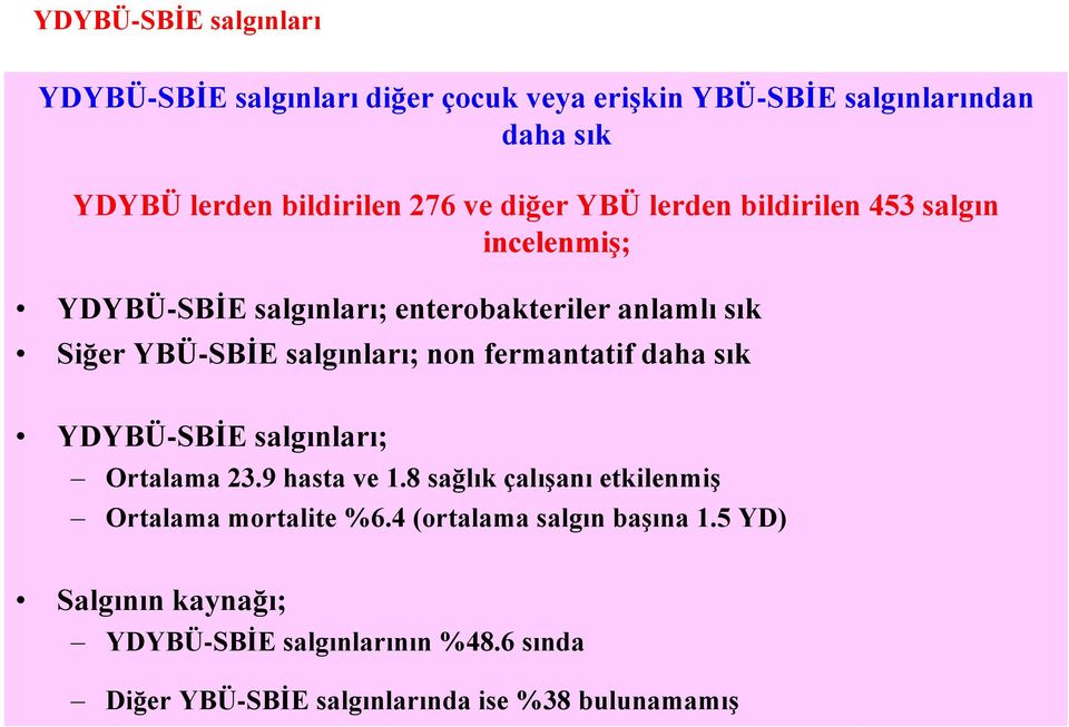 salgınları; non fermantatif daha sık YDYBÜ-SBİE salgınları; Ortalama 23.9 hasta ve 1.