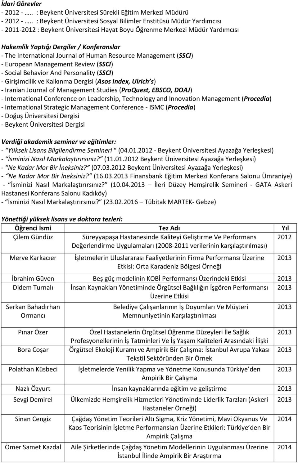 International Journal of Human Resource Management (SSCI) - European Management Review (SSCI) - Social Behavior And Personality (SSCI) - Girişimcilik ve Kalkınma Dergisi (Asos Index, Ulrich s) -