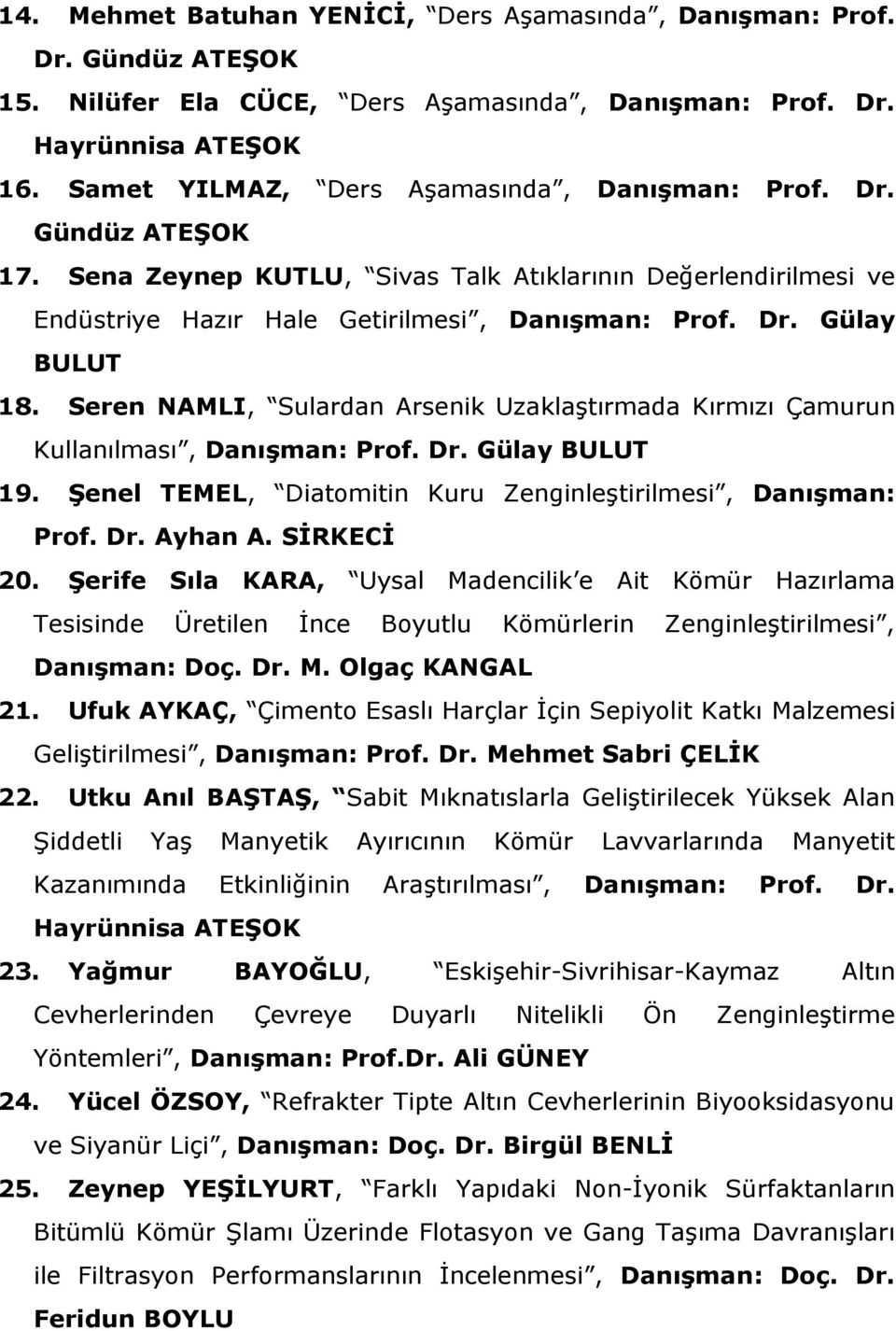 Seren NAMLI, Sulardan Arsenik Uzaklaştırmada Kırmızı Çamurun Kullanılması, Danışman: Prof. Dr. Gülay BULUT 19. Şenel TEMEL, Diatomitin Kuru Zenginleştirilmesi, Danışman: Prof. Dr. Ayhan A. SİRKECİ 20.