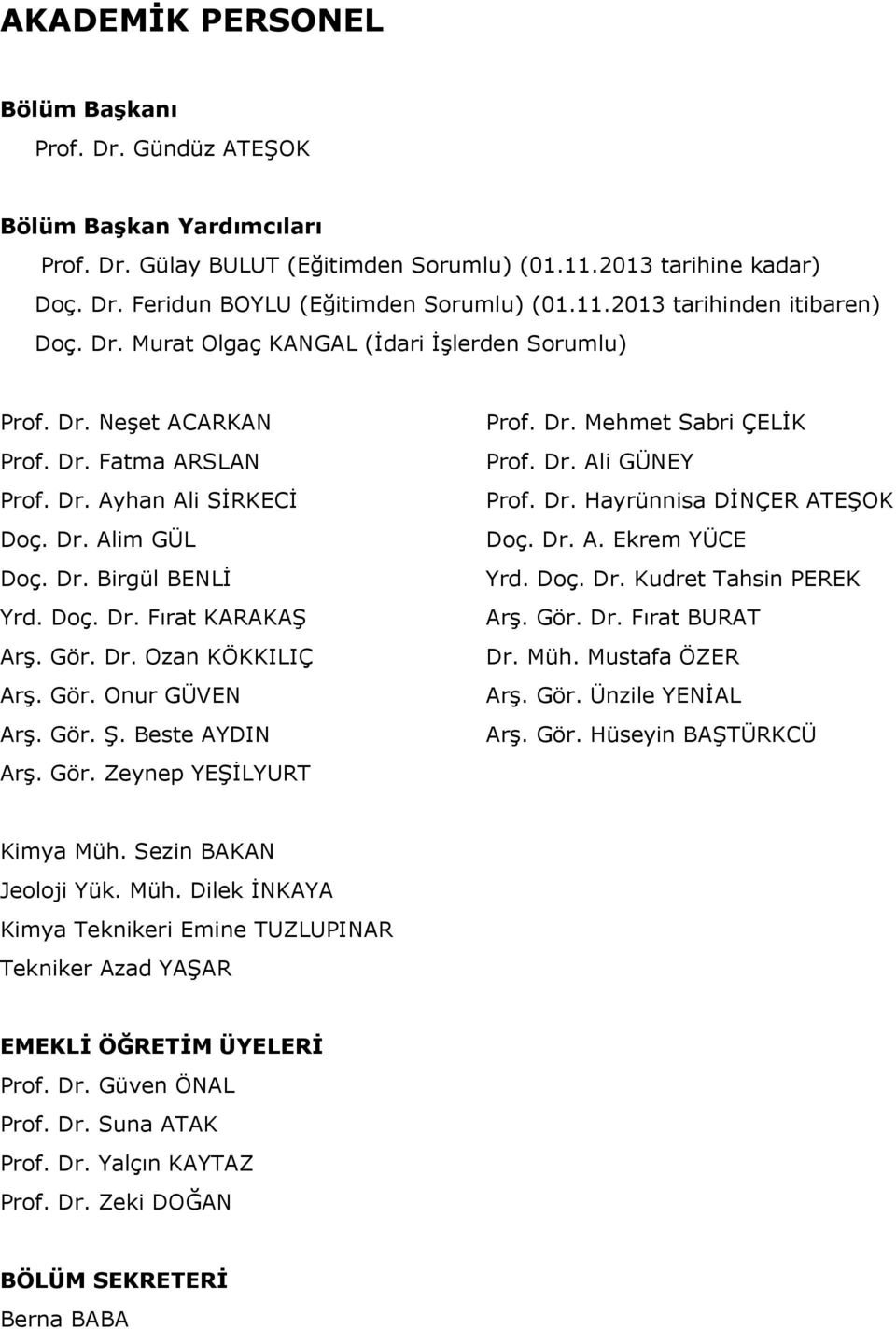 Doç. Dr. Fırat KARAKAŞ Arş. Gör. Dr. Ozan KÖKKILIÇ Arş. Gör. Onur GÜVEN Arş. Gör. Ş. Beste AYDIN Arş. Gör. Zeynep YEŞİLYURT Prof. Dr. Mehmet Sabri ÇELİK Prof. Dr. Ali GÜNEY Prof. Dr. Hayrünnisa DİNÇER ATEŞOK Doç.