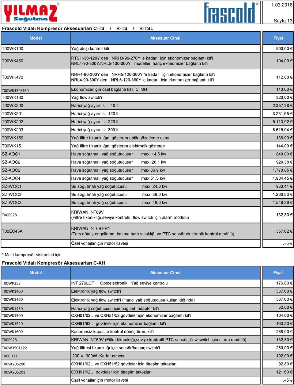 ekonomizer bağlantı kit'i 104,00 112,00 T00WK450/460 Ekonomizer için özel bağlanti kit'i CTSH 113,60 T00WK130 Yağ flow switch'i 320,00 T00WK200 Harici yağ ayırıcısı 40 lt 2.