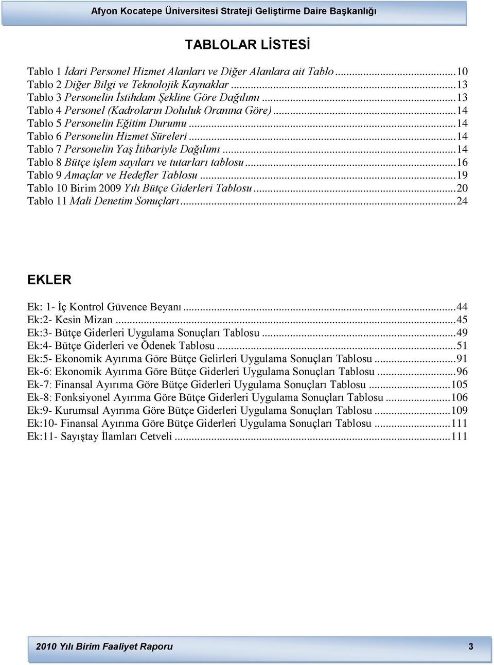 .. 14 Tablo 8 Bütçe işlem sayıları ve tutarları tablosu... 16 Tablo 9 Amaçlar ve Hedefler Tablosu... 19 Tablo 10 Birim 2009 Yılı Bütçe Giderleri Tablosu... 20 Tablo 11 Mali Denetim Sonuçları.